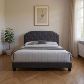 Queen Tufted Gray Upholstered Linen Bed With Nailhead Trim