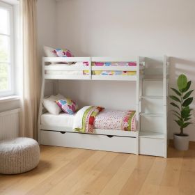 95" X 56" X 65" Twin Over Full White Storage Ladder And Trundle Bunk Bed