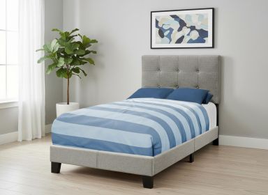 Twin Tufted Gray Upholstered Linen Bed With Nailhead Trim
