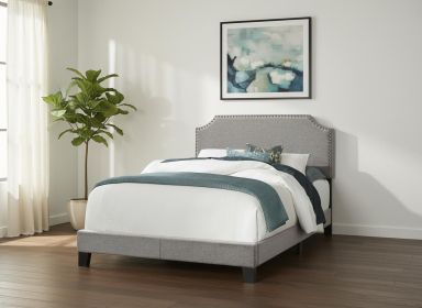 Full Size Grey Linen With Chrome Trim And Solid Wood Black Feet Bed