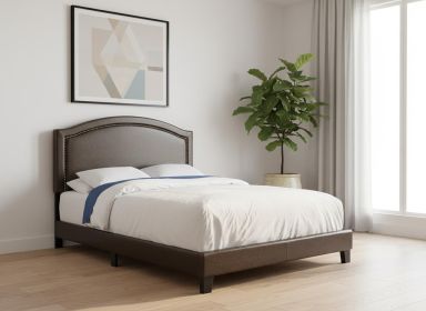 Solid Wood Queen Brown Upholstered Linen Bed With Nailhead Trim