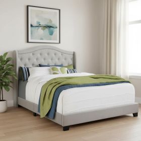 Tufted Light Gray Standard Bed Upholstered With Nailhead Trim And With Headboard
