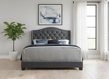 Solid Wood Queen Tufted Dark Gray And Gray Upholstered Velvet Bed