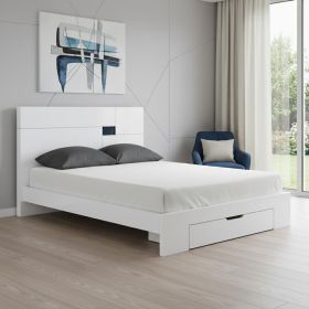 White Wood CA King Platform Bed Frame With Storage Drawer
