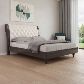 Solid Wood King Tufted Beige Upholstered Faux Leather Bed With Nailhead Trim