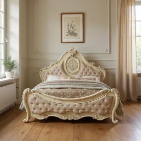 Queen Tufted Beige Upholstered Linen Bed With Nailhead Trim