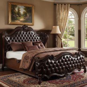 King Tufted Dark Brown Upholstered Faux Leather Bed With Nailhead Trim