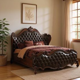 Solid Wood Queen Tufted Dark Brown Upholstered Faux Leather Bed With Nailhead Trim