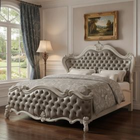 76" X 95" X 73" Vintage Gray Pu Bone White Wood Poly Resin Upholstery Queen Bed