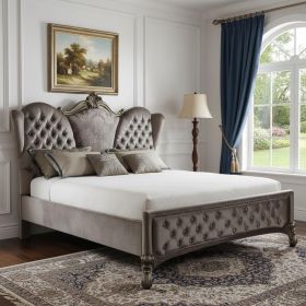 Queen Tufted Gray And Gray and Black Upholstered Velvet Bed With Nailhead Trim