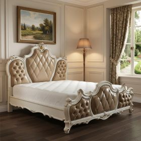 King Tufted Beige Upholstered Faux Leather Bed With Nailhead Trim