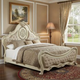 89" X 93" X 76" Beige Linen Antique White Wood Upholstery California King Bed