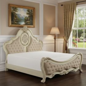 King Tufted Beige Upholstered Linen Bed With Nailhead Trim