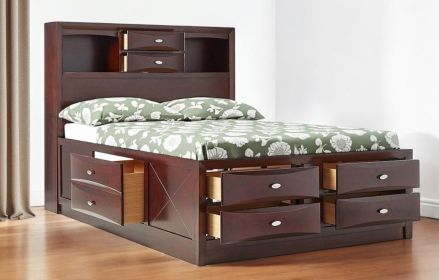 Espresso Finish Wood Multi-Drawer Platform King Bed With Pull Out Tray