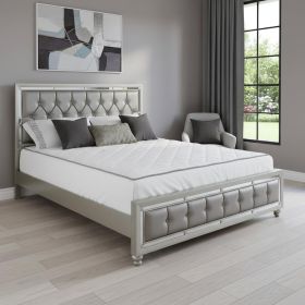 Silver Champagne Tone King Bed  Padded Headboard  Padded Footboard  Mirror Trim Accents