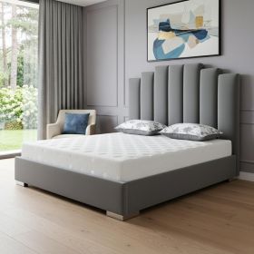 Queen Grey Upholstered Vertical Channel Velvet Bed with USB