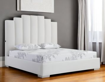 Queen White Vertical Channel Faux Leather Bed with USB