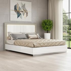 Queen White and Taupe High Gloss Bed Frame with LED Headboard