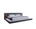 Gray and Walnut Wood And Upholstery Queen Bed Frame With Attached Nightstands