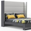 Gray and White Wood And Faux Leather King Bed Frame