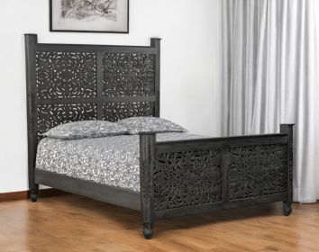 Carved Solid Wood Queen Distressed Black Bed