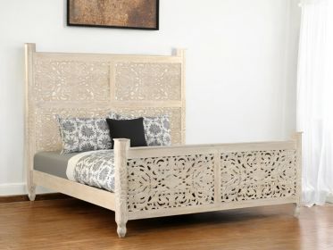 Carved Solid Wood King White Bed