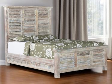 Distressed White and Multi Shutter Style Reclaimed Wood Queen Bed
