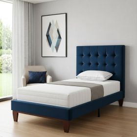 Navy Blue Solid Wood Twin Tufted Upholstered Velvet Bed