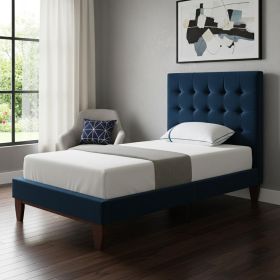 Navy Blue Solid Wood Full Tufted Upholstered Velvet Bed