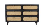 56" Black And Natural Solid Wood And Rattan Six Drawer Double Dresser