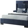 Navy Blue Tufted Upholstered Lighted King Bed Frame