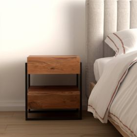 28" Black And Brown Iron and Solid Wood Live Edge Two Drawer Nightstand