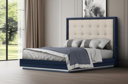 Blue and Gray Wood And Tufted Faux Leather Lighted Queen Bed Frame