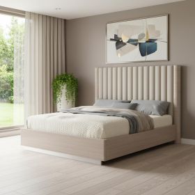 Beige Ribbed Texture Wood And Tufted Linen Blend Upholstered Queen Bed Frame
