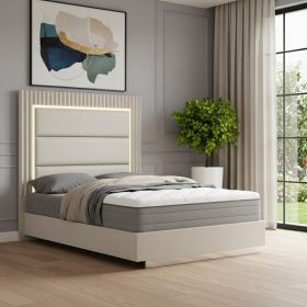 Gray Inlaid Panels Wood And Faux Leather Upholstered Queen Bed Frame
