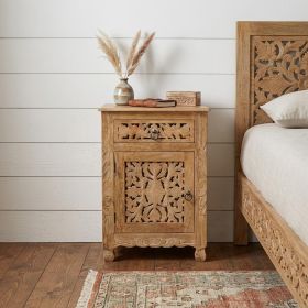 30" Natural Solid Wood Distressed Carved Floral One Drawer Nightstand