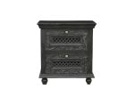 28" Black Solid Wood Square Distressed Carved Floral Two Drawer Nightstand