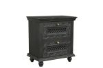 28" Black Solid Wood Square Distressed Carved Floral Two Drawer Nightstand