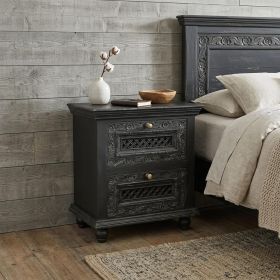 28" Black Solid Wood Square Distressed Carved Floral Two Drawer Nightstand