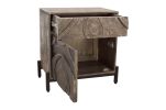 24" Ash Gray Solid Wood Distressed Carved Abstract One Drawer Nightstand