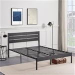 Full size Industrial Platform Bed Frame with Wood Slatted Headboard in Black