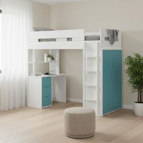 White And Twin Loft Bed And Desk (Color: Teal)