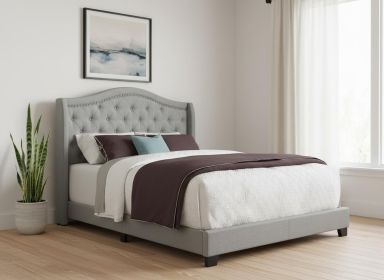 Solid Wood  Tufted Gray Upholstered Linen Bed With Nailhead Trim (size: QUEEN)