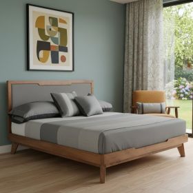 Gray and Brown Wood And Linen  Bed Frame (Color: Gray & Brown, size: QUEEN)