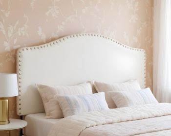 Faux Leather Upholstered Arched Queen Headboard With Nail Head Trim (Color: White)