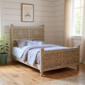 Carved Floral Distressed Solid Wood Queen Bed Frame (Color: White)