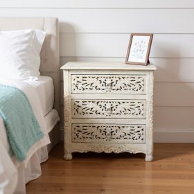 30" Solid Wood Distressed Three Drawer Nightstand (Color: White)