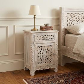 30" Solid Wood Distressed One Drawer Nightstand (Color: White)