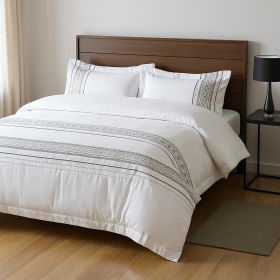 King Cotton Washable Duvet Cover Set With Two Shams (Color: Gld Gry & Wht)