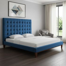 Navy Blue Solid Wood Tufted Upholstered Velvet Bed (size: KING)